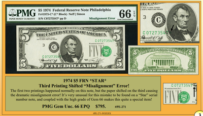1974 $5 FRN *STAR* Third Printing Shifted 