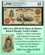 1860 Circa 1859-60 $5 Miners & Planters Bank of Murphy, North Carolina Obsolete Currency #336