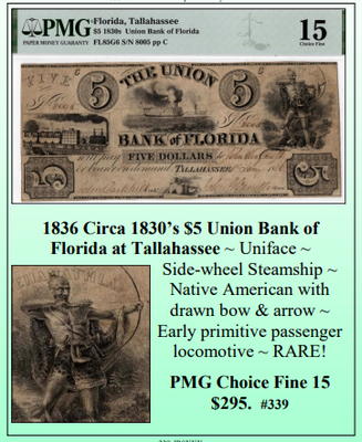 1836 Circa 1830's $5 Union Bank of Florida at Tallahassee Obsolete Currency #339