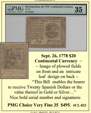 Sept. 26, 1778 $20 Continental Currency ~ PMG Choice Very Fine 35 ~ #CL-023