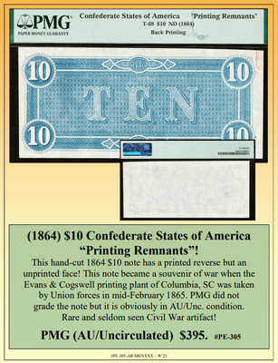 (1864) $10 Confederate States of America “Printing Remnants” Currency Error ~ PMG (AU/Uncirculated)  ~ #PE-305