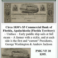 Circa 1830's $5 Commercial Bank of Florida, Apalachicola (Florida Territory) Obsolete Currency ~ PMG VF30 ~ #025