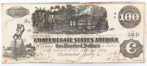 1862 $100 Richmond , Virginia Confederate Currency