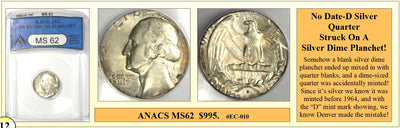 No Date-D Silver Quarter Struck On a Siver Dime Planchet Coin Error! #EC-010