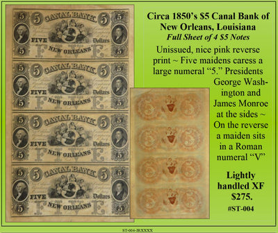 Circa 1850's $5 Canal Bank of New Orleans, Louisiana Uncut Sheet #ST-004