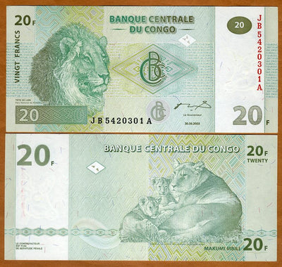 2003 Congo 20 Francs “Lion & Cubs”  World Currency, Uncirculated