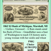1862 $3 Bank of Michigan, Marshall, MI Obsolete Currency #102