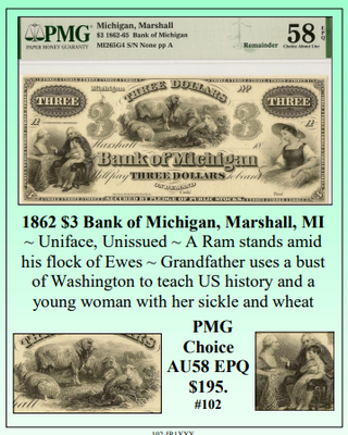 1862 $3 Bank of Michigan, Marshall, MI Obsolete Currency #102