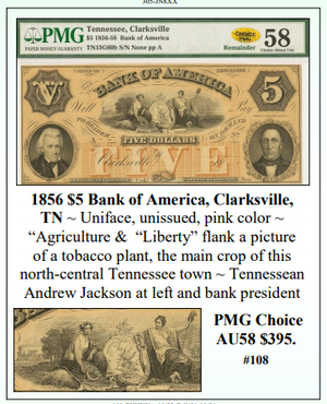1856 $5 Bank of America, Clarksville, TN Obsolete Currency #108