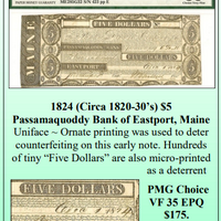 1824 (Circa 1820's-30's) $5 Passamaquoddy Bank of Eastport, Maine Obsolete Currency #111