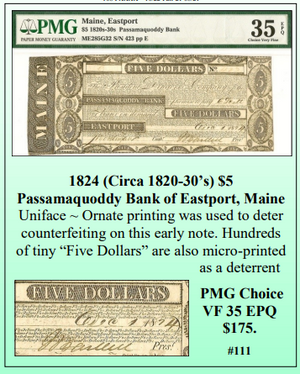 1824 (Circa 1820's-30's) $5 Passamaquoddy Bank of Eastport, Maine Obsolete Currency #111