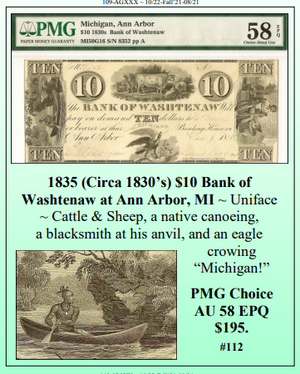 1835 (Circa 1830's) $10 Bank of Washtenaw at Ann Arbor, MI Obsolete Currency #112