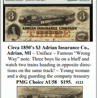 Circa 1850's $3 Adrian Insurance Co., Adrian, MI Obsolete Currency #123