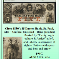 Circa 1850's $5 Dayton Bank, St. Paul, MN Obsolete Currency #124