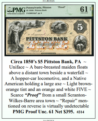 Circa 1850's $5 Pittston Bank, PA Obsolete Currency #314