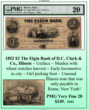 1852 $2 The Elgin Bank of D.C. Clark & Co., Illinois Obsolete Currency #341