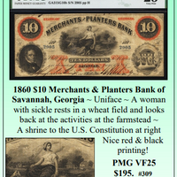 1860 $10 Merchants & Planters Bank of Savannah, Georgia Obsolete Currency #309