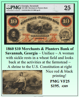 1860 $10 Merchants & Planters Bank of Savannah, Georgia Obsolete Currency #309