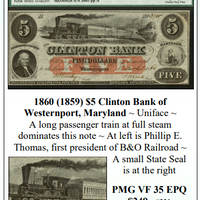 1860(1859) $5 Clinton Bank of Westernport, Maryland Obsolete Currency #331