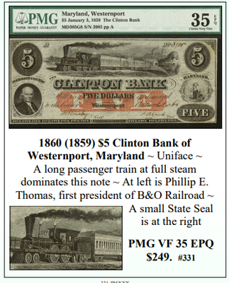1860(1859) $5 Clinton Bank of Westernport, Maryland Obsolete Currency #331