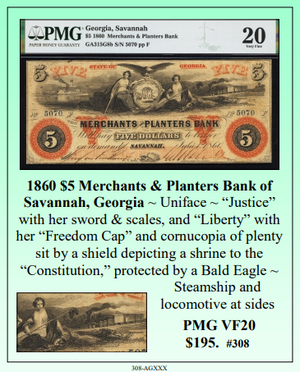 1860 $5 Merchants & Planters Bank of Savannah, Georgia Obsolete Currency #308