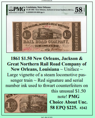 1861 $1.50 New Orleans, Jackson & Great Northern Rail Road Company of New Orleans Obsolete Currency #342