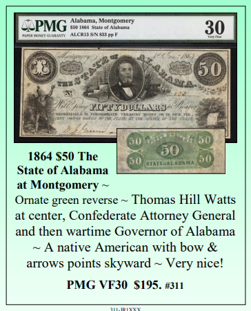 1864 $50 The State of Alabama at Montgomery Obsolete Currency #311