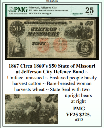 1867 Circa 1860's $50 State of Missouri at Jefferson City Defence Bond Obsolete Currency #312