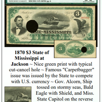 1870 $3 State of Mississippi at Jackson Obsolete Currency #335