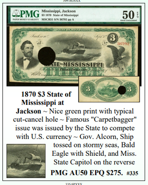 1870 $3 State of Mississippi at Jackson Obsolete Currency #335