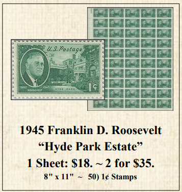 1945 Franklin D. Roosevelt “Hyde Park Estate” Stamp Sheet