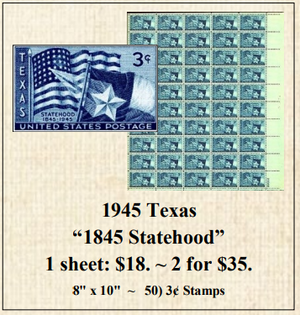1945 Texas “1845 Statehood” Stamp Sheet