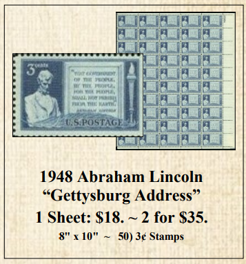 1948 Abraham Lincoln “Gettysburg Address” Stamp Sheet