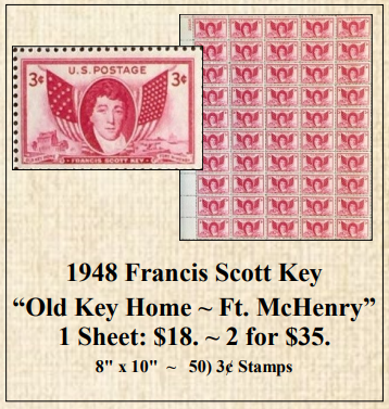 1948 Francis Scott Key “Old Key Home ~ Ft. McHenry” Stamp Sheet