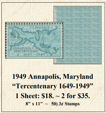 1949 Annapolis, Maryland  “Tercentenary 1649-1949” Stamp Sheet