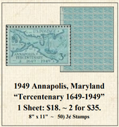 1949 Annapolis, Maryland  “Tercentenary 1649-1949” Stamp Sheet