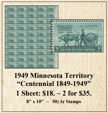1949 Minnesota Territory “Centennial 1849-1949” Stamp Sheet
