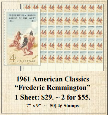 1961 American Classics “Frederic Remmington” Stamp Sheet