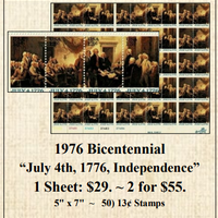 1976 Bicentennial “July 4th, 1776, Independence” Stamp Sheet