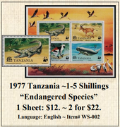 1977 Tanzania ~1-5 Shillings “Endangered Species” Stamp Sheet