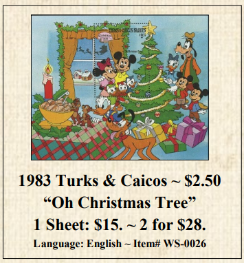1983 Turks & Caicos ~ $2.50  “Oh Christmas Tree” Stamp Sheet