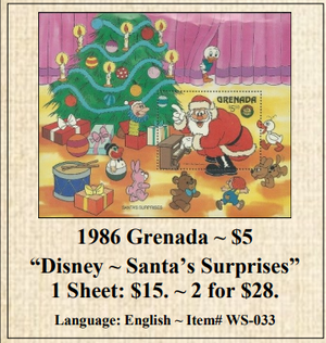 1986 Grenada ~ $5  “Disney ~ Santa’s Surprises” Stamp Sheet
