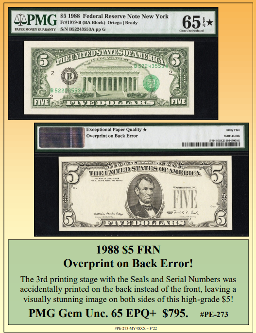 1988 $5 FRN Overprint on Back Currency Error! #PE-273