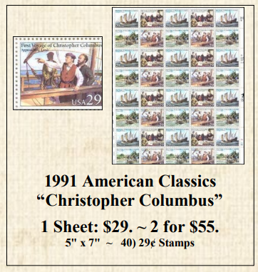 1991 American Classics “Christopher Columbus” Stamp Sheet