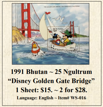 1991 Bhutan ~ 25 Ngultrum “Disney Golden Gate Bridge” Stamp Sheet