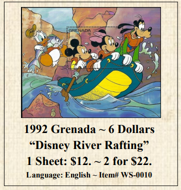 1992 Grenada ~ 6 Dollars “Disney River Rafting” Stamp Sheet