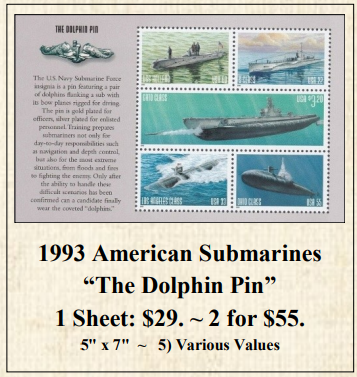 1993 American Submarines “The Dolphin Pin” Stamp Sheet