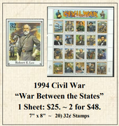 1994 Civil War "War Between the States" Stamp Sheet