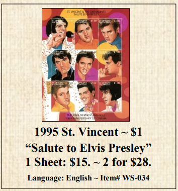 1995 St. Vincent ~ $1  “Salute to Elvis Presley” Stamp Sheet