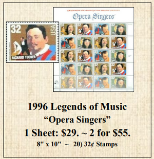 1996 Legends of Music “Opera Singers” Stamp Sheet